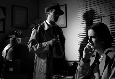 Private detective questioning woman in office