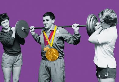 Man lifting weight flanked by two women