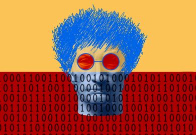 Face of a classical statue with scribbled hair and glasses added, rising out of binary code. To illustrate how the punk attitude of art schools can help the UK rise above AI blandness.