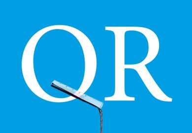 The letters QR (for quality related funding), with a test tube pouring out liquid forming part of the Q