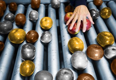 Apples on a conveyor belt being controlled for quality. Some being taken, leaving gold, silver and bronze ones. To illustrate refreshed TEF system intended to address the ‘small’ proportion of ‘bad courses’.