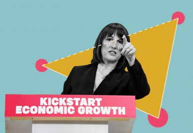 Rachel Reeves gestures as she delivers a speech on the country’s economic growth during a visit at Siemens Healthineers, in Eynsham, near Oxford, 29 January 2025. With a background of the golden triangle and broken line between Oxford and Cambridge.