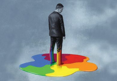 A man in a suit standing in rainbow paint (illustration 21 June 2018)