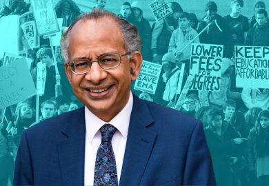 Rama Thirunamachandran, former vice-chancellor of Canterbury Christ Church University, with students during a demonstration over tuition fees and university funding In Whitehall, London, 2010, in the background.