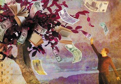 Person reaching for money from a tree that also contains books. To illustrate students seeing a degree as a credential for employment. Person reaching for money from a tree that also contains books. To illustrate students seeing a degree as a credential for employment.