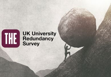 THE UK University Redundancy Survey. Person pushing a rock up a hill.