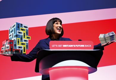 Montage: Rachel Reeves at lectern, money in one hand, buildings in the other to illustrate  English higher education would not get something for nothing from Labour