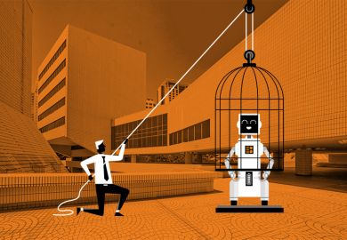Illustration of man lifting cage from robot with university building in background. To illustrate disagreement in universities about whether AI tools should be prohibited, permitted or encouraged