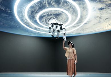 A woman touching a giant robot hand that looks like it is coming from the centre of a storm. To illustrate whether universities embracing AI is undermining their net-zero targets.