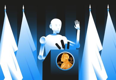 Illustration of a robot at a podium winning a Nobel prize, to illustrate whether AI could ever win a Nobel prize. Illustration of a robot at a podium winning a Nobel prize, to illustrate whether AI could ever win a Nobel prize.