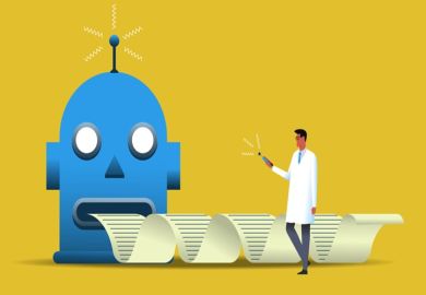 A robot spews out writing, illustrating AI in academic publishing A robot spews out writing, illustrating AI in academic publishing