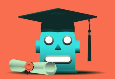 Robot illustration in a graduate hat and degree scroll