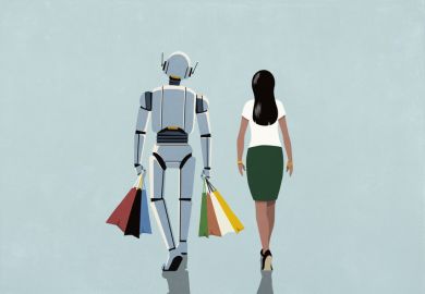 A robot carries a woman's bags, symbolising AI assistance A robot carries a woman's bags, symbolising AI assistance