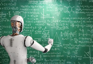A robot doing mathematics at a blackboard A robot doing mathematics at a blackboard