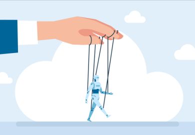 A human hand manipulates a robot marionette, illustrating human judgement A human hand manipulates a robot marionette, illustrating human judgement