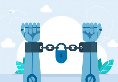 A robot's hands shackled, illustrating restrictions on AI use