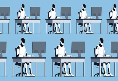 Many robots working on computers, illustrating standardised peer reviews produced by AI Many robots working on computers, illustrating standardised peer reviews produced by AI