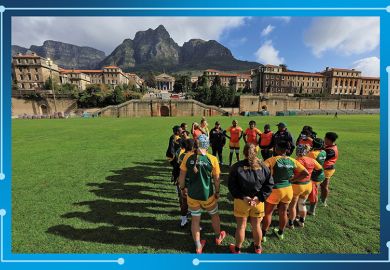 South Africa’s Springbok women’s rugby players form a huddle at the University of Cape Town sports field, in Cape Town, South Africa, 31 July, 2025. To illustrate people coming together at the university for the World Academic Summit.