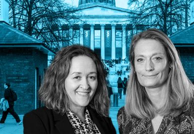 Office for Students’ new chief executives, Ruth Hannant and Polly Payne, with university campus in the background. Office for Students’ new chief executives, Ruth Hannant and Polly Payne, with university campus in the background.