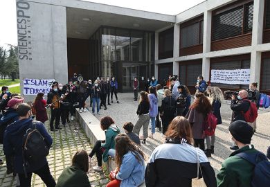 Students demonstrate against islamophobia outside the campus of the Institute of Political Studies (aka Sciences Po) in Saint-Martin-d’Heres, near Grenoble, on 9 March 2021