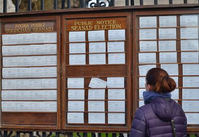 A women is looking at the Seanad Election public notice at the Leinster House fence, Ireland.