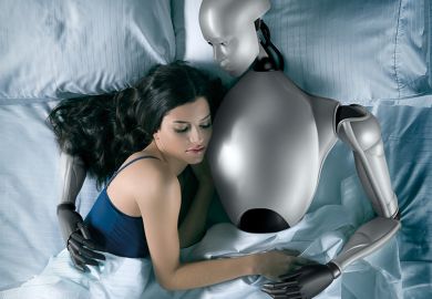 Sex robot. Woman in bed with robot Sex robot. Woman in bed with robot