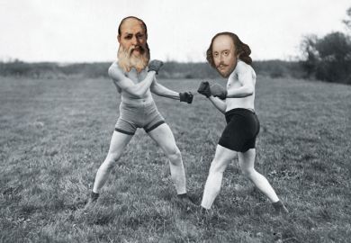 Shakespeare and Plato fist-fighting in field