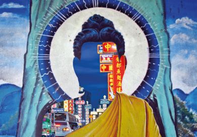 Shopping district superimposed over head of Buddha