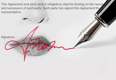 A signature which acts like stitching over some lips. To illustrate a non-disclosure agreement.