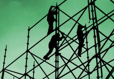 Silhouette of people building scaffolding