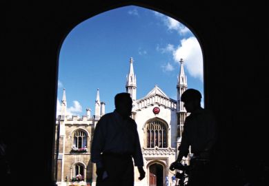 Silhouettes of men standing in university entrance Silhouettes of men standing in university entrance