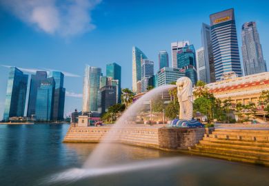 Singapore skyline, Merlion fountain, Asia University Rankings 2016