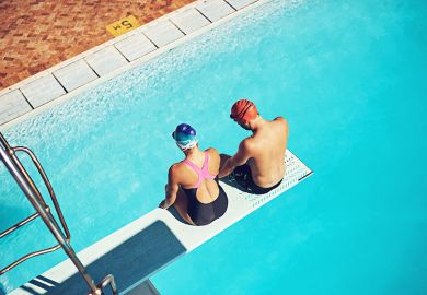 Two swimmers sitting on a diving board above a swimming pool. To illustrate that intervening to to help students avoid struggle can deny them the opportunity to advocate for themselves. Two swimmers sitting on a diving board above a swimming pool. To illustrate that intervening to to help students avoid struggle can deny them the opportunity to advocate for themselves.