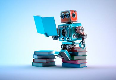 Small robot sitting on pile of books, reading Small robot sitting on pile of books, reading