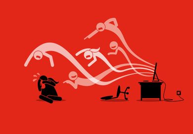Illustration of harassment and bullying coming from a computer screen. To illustrate the anti-woke campaigners’ attack playbook.