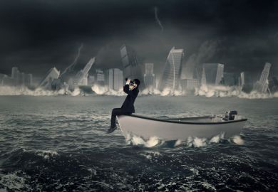 A man in a boat views a storm through binoculars as buildings fall behind him A man in a boat views a storm through binoculars as buildings fall behind him, symbolising social media storms
