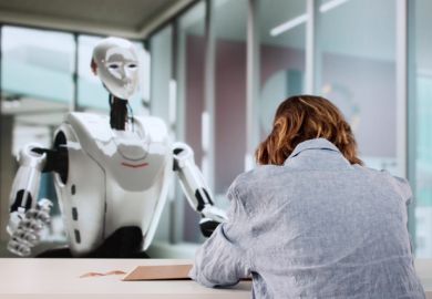 A woman writes while a robot wathes, symbolising AI tutoring
