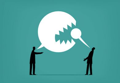 Person with large speech bubble eating the voice of another, as an illustration that the absolutist approach to free speech risks entrenching views that marginalise others.