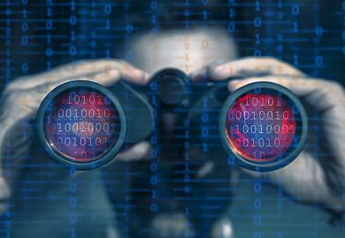 Someone looks through binoculars with binary code in the lenses Someone looks through binoculars with binary code in the lenses
