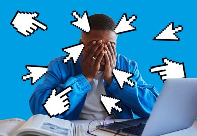 Student with laptop being bombarded by cursor icons, to illustrate being overloaded by emails