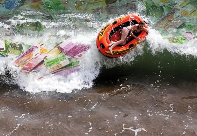 Young woman riding an inflatable dinghy boat on wave that are filled with euro notes Young woman riding an inflatable dinghy boat on wave that are filled with euro notes to symbolise European research funding