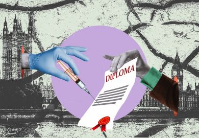 A hand holding a syringe and a hand holding a diploma coming together, with the UK Houses of Parliament cracked in the background. To illustrate how government could be more joined up, with teaching and research under one ministry.