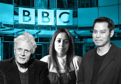 Montage of Laurie Taylor (left), Shahida Bari (centre) and Kevin Fong (right) with BBC headquarters in the background. To illustrate that a cull of BBC shows axes a launchpad for public academics.
