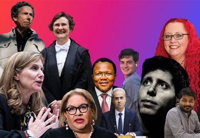 Faces of 2023. People who shaped higher education headlines. Left to right: Edward Blum, Elizabeth Magill, Irene Tracey, Megan Davis, Sakhela Buhlungu, Sufyan Tayeh, Theo Baker, Sam Altman, Siouxsie Wiles, Sabyasachi Das 
