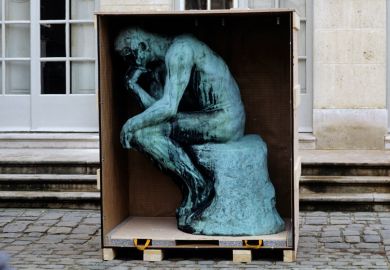 Rodin’s The Thinker statue in a crate. To illustrate that the appointment of a philosopher who refuses to recognise the gender-critical viewpoint as legitimate could have a ‘chilling effect’ on types of studies submitted to the REF.