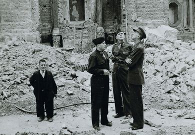 So-called Monuments Men inspecting a destroyed monument