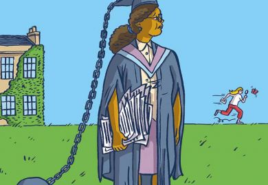 Illustration of woman with ball and chain attached to mortar board