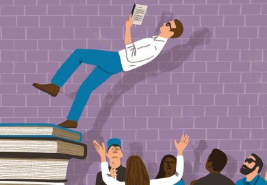 Illustration of man reading book falling on to group of people. Trust