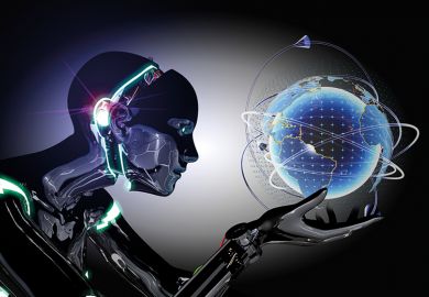 Futuristic robot searching location on the globe.