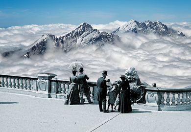 Montage of historical people wearing top hats and holding parasols overlooking mountain peaks and clouds.